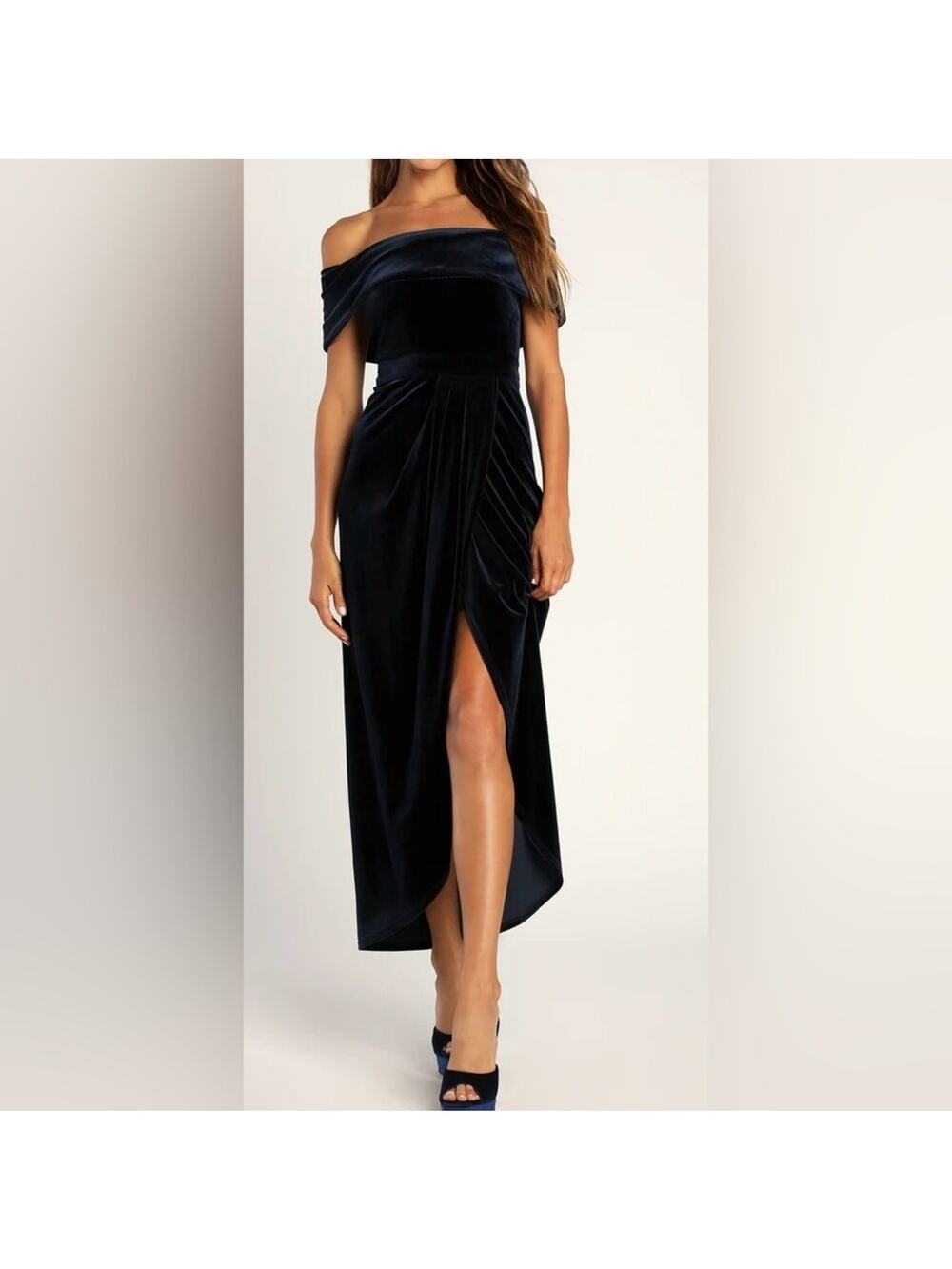 Lulus I'm Enchanted Navy Blue Velvet Off-the-Shoulder Maxi Dress Sz L NWOT